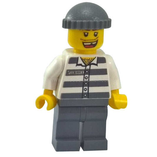 Police - Jail Prisoner 50380 Prison Stripes Dark Bluish Gray Legs Dark Bluish Gray Knit Cap Missing Tooth - LEGO minifigure