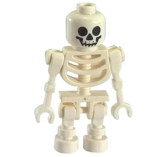 A LEGO skeleton minifigure with a white body, featuring a detailed skull face printed on the head, ribcage, arms, and legs. The figure has movable joints and hands designed to hold accessories