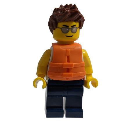 Tank Top with Surfer Silhouette, Dark Blue Legs, Reddish Brown Hair Spiked, Life Jacket 2 Straps, Silver Sunglasses