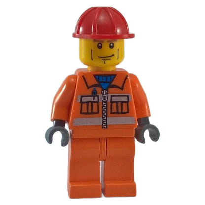 LEGO Minifigure Construction Worker with orange zipper jacket, orange legs, and red helmet - cty0052