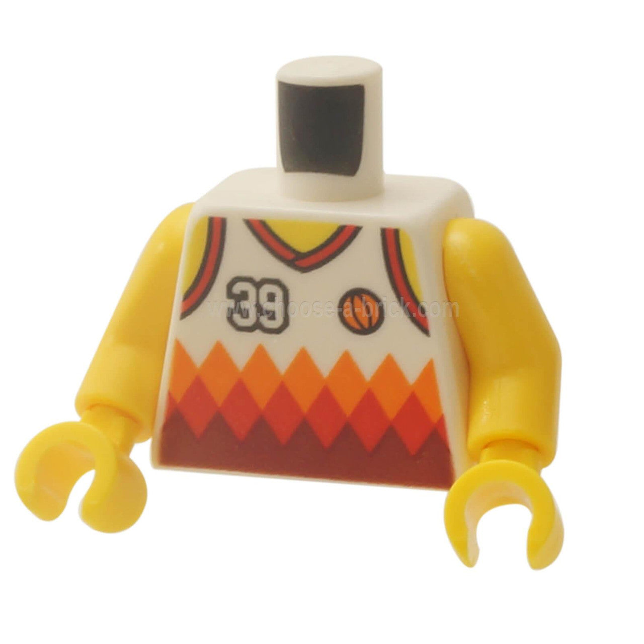 White Torso Sports Shirt with Number 39, Orange Basketball, Orange and Red Diamonds and Back Print Pattern - Yellow Arms - Yellow Hands