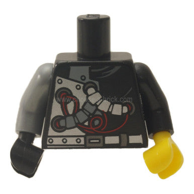 Schwarzer Torso Ninjago mit roten Drähten und mechanischen Teilen Muster - Schwarzer Arm links - Flacher silberner Arm rechts - Gelbe Hand links - Schwarze Hand rechts