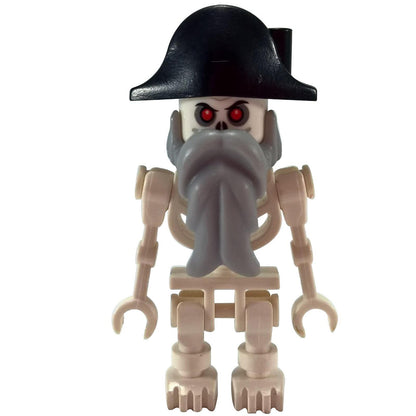 LEGO® Skeleton Minifigure – Red Eyes, Bicorne Hat, and Light Bluish-Gray Beard from Skeleton Ship Attack.