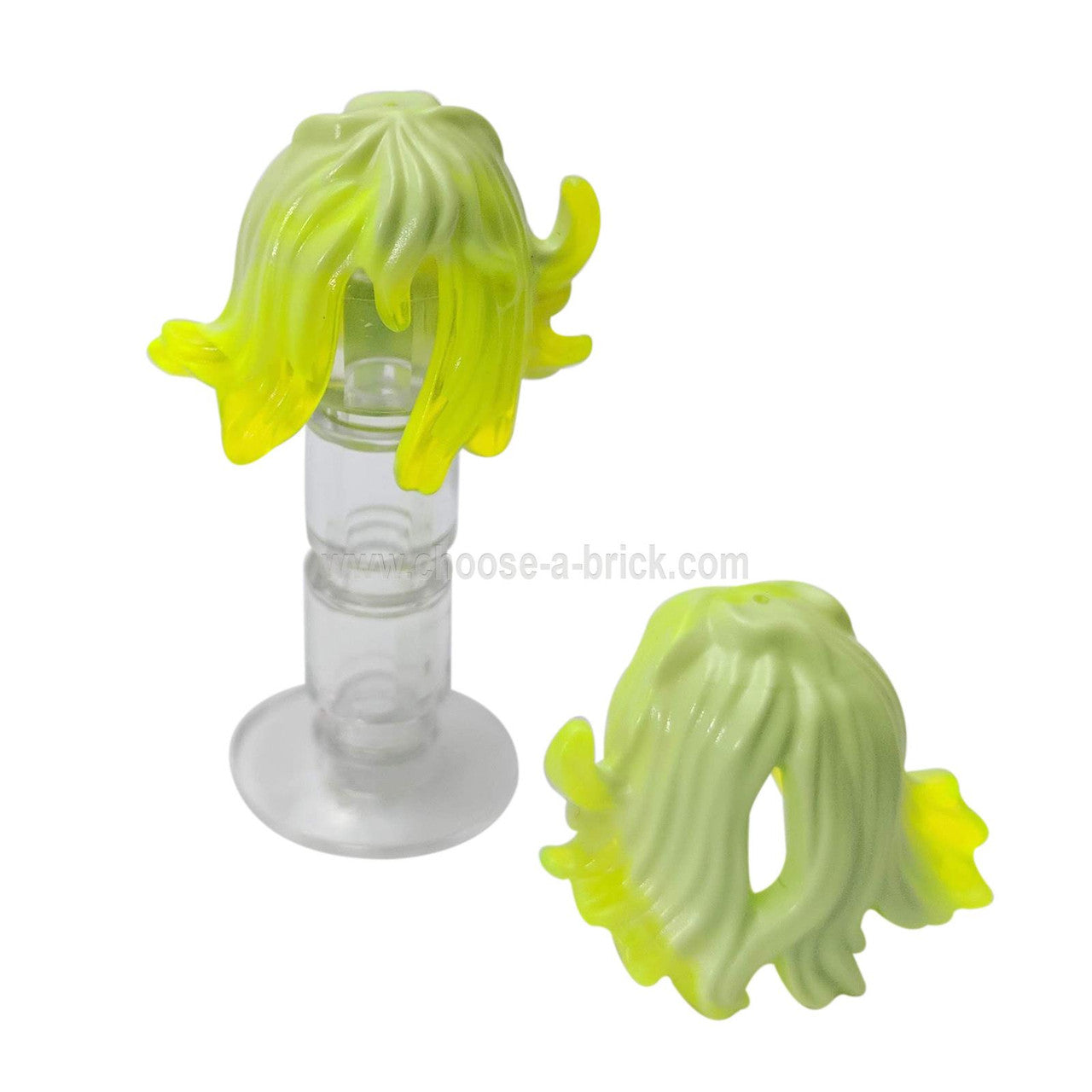 Yellowish Green Minifigure, Hair Female Mid-Length Wavy with Side Spikes, Hole in Back and Trans-Neon Green Marbled Ends Pattern yellowish green