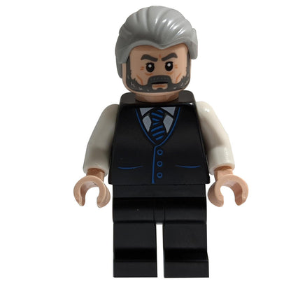 LEGO Minifigure Alfred Pennyworth, Black Vest, Light Bluish Gray Hair, Dark Bluish Gray Beard - Front View.