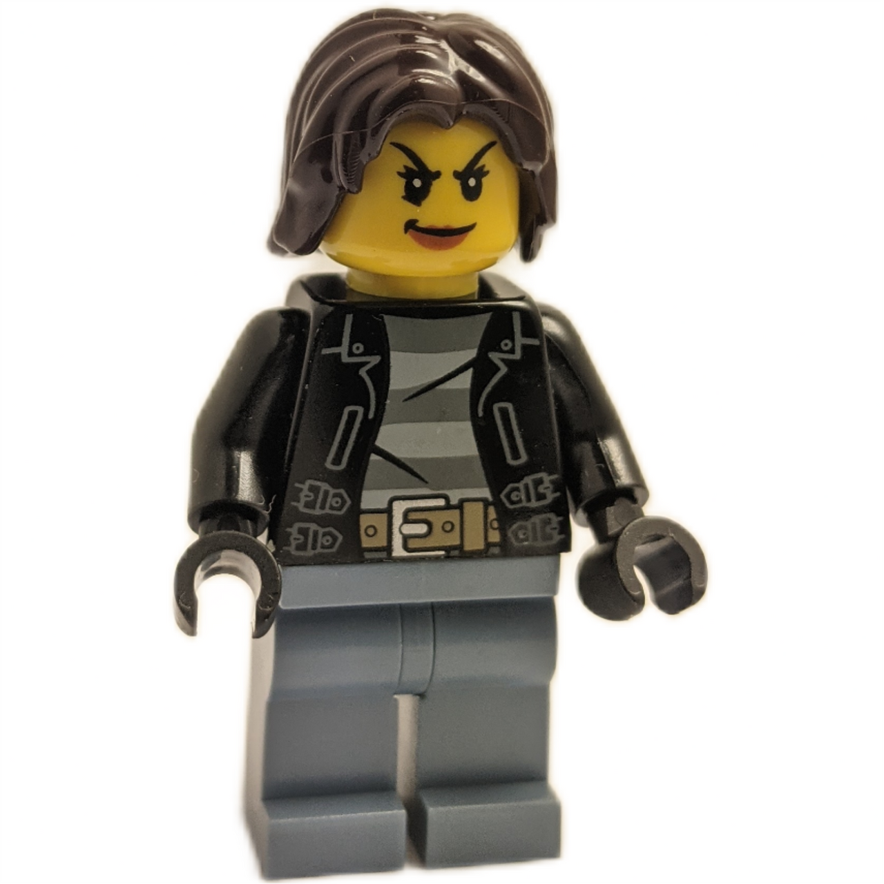 LEGO Minifigure City Bandit Crook Female, Sand Blue Legs, Dark Brown Mid-Length Tousled Hair - cty0645new - full figure