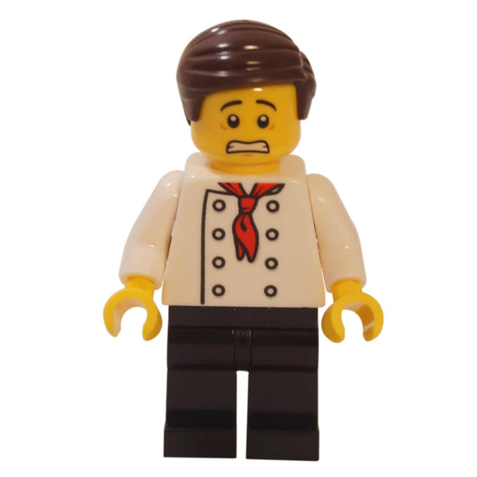 LEGO® City Burger Chef Minifigure (cty0964a) – White Torso, Red Neckerchief, Black Legs, Dark Brown Hair, and Worried Face