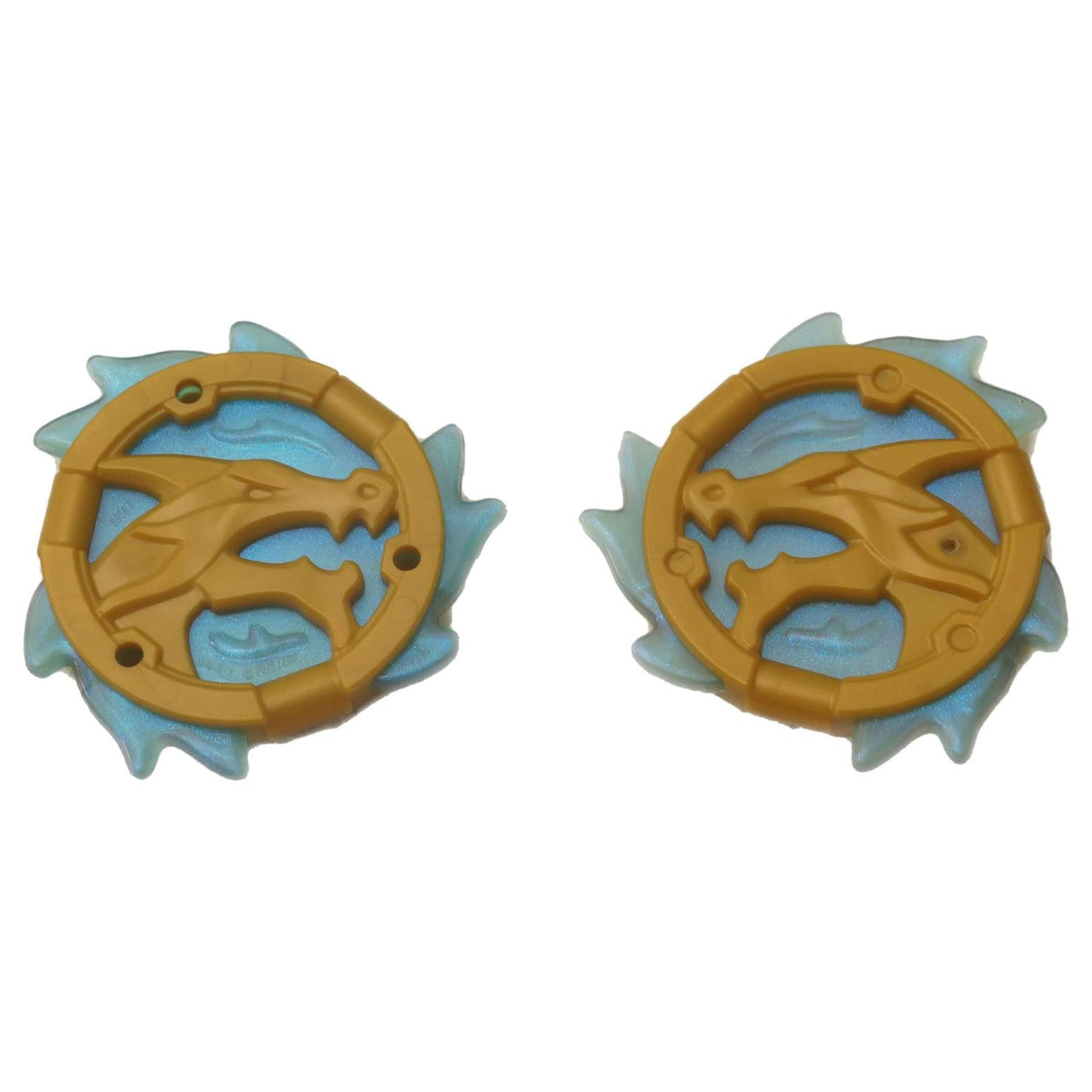 LEGO Part 2 LEGO Pearl Gold Ring 3 x 3 with Dragon Head and Satin Trans-Light Blue Flames Pattern Ninjago Wave Amulet - First View.