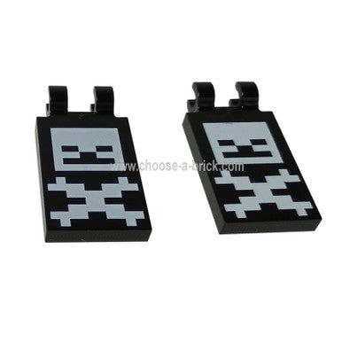 Schwarze Fliese, modifiziert 2 x 3 mit 2 Clips mit verpixeltem Totenkopf- und Kreuzknochen-Minecraft-Muster 