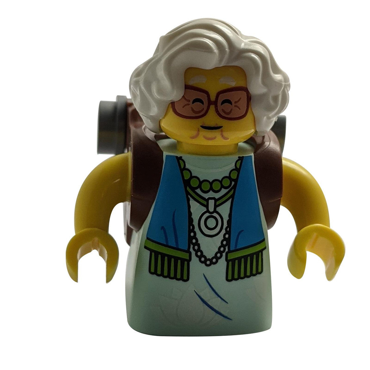 LEGO® DREAMZzz™ Minifigure Mrs. Castillo with Reddish Brown and Flat Silver Backpack, Colorful Outfit, and Gray Hair