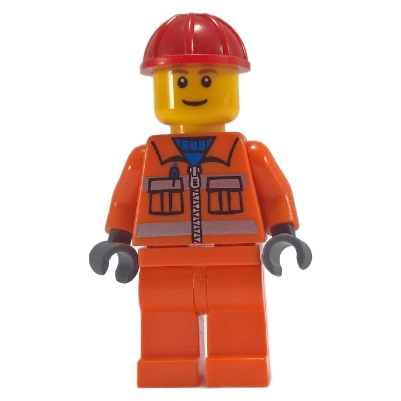 LEGO Minifigure Construction Worker with orange zipper jacket, brown eyebrows, thin grin, and red helmet - cty0031