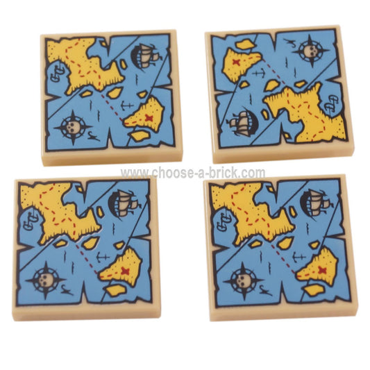 LEGO Parts -  Tile 2 x 2 with Map with Red 'X' and Blue and Yellow Pattern