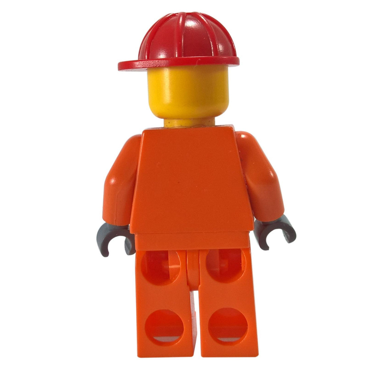 Bauarbeiter - Orange Reißverschluss, Sicherheitsstreifen, Orange Arme, Orange Beine, Roter Bauhelm, Augenbrauen, Dünnes Grinsen mit Zähnen 