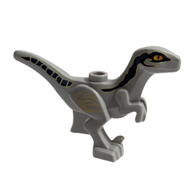 Hellgrauer Dinosaurier Raptor / Velociraptor Baby mit dunkelblauen und hellbraunen Markierungen (Jurassic World Beta)