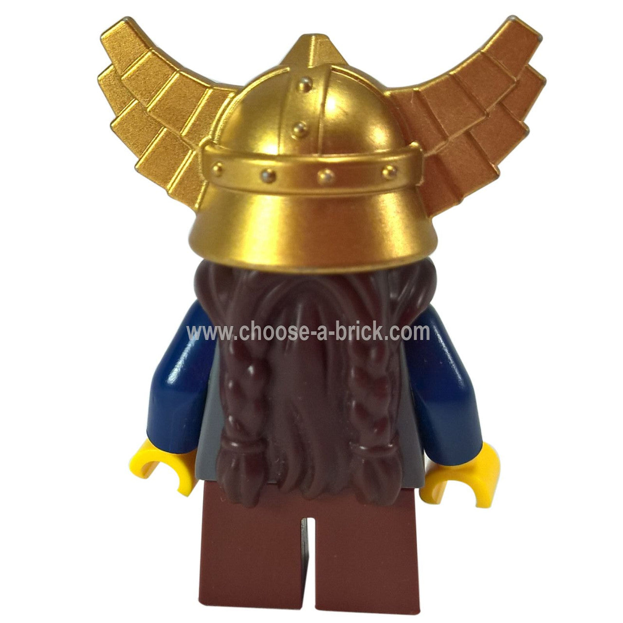 LEGO Minifigure Fantasy Era - Dwarf, Dark Brown Beard, Metallic Gold Helmet with Wings, Dark Blue Arms - cas405, different angle.