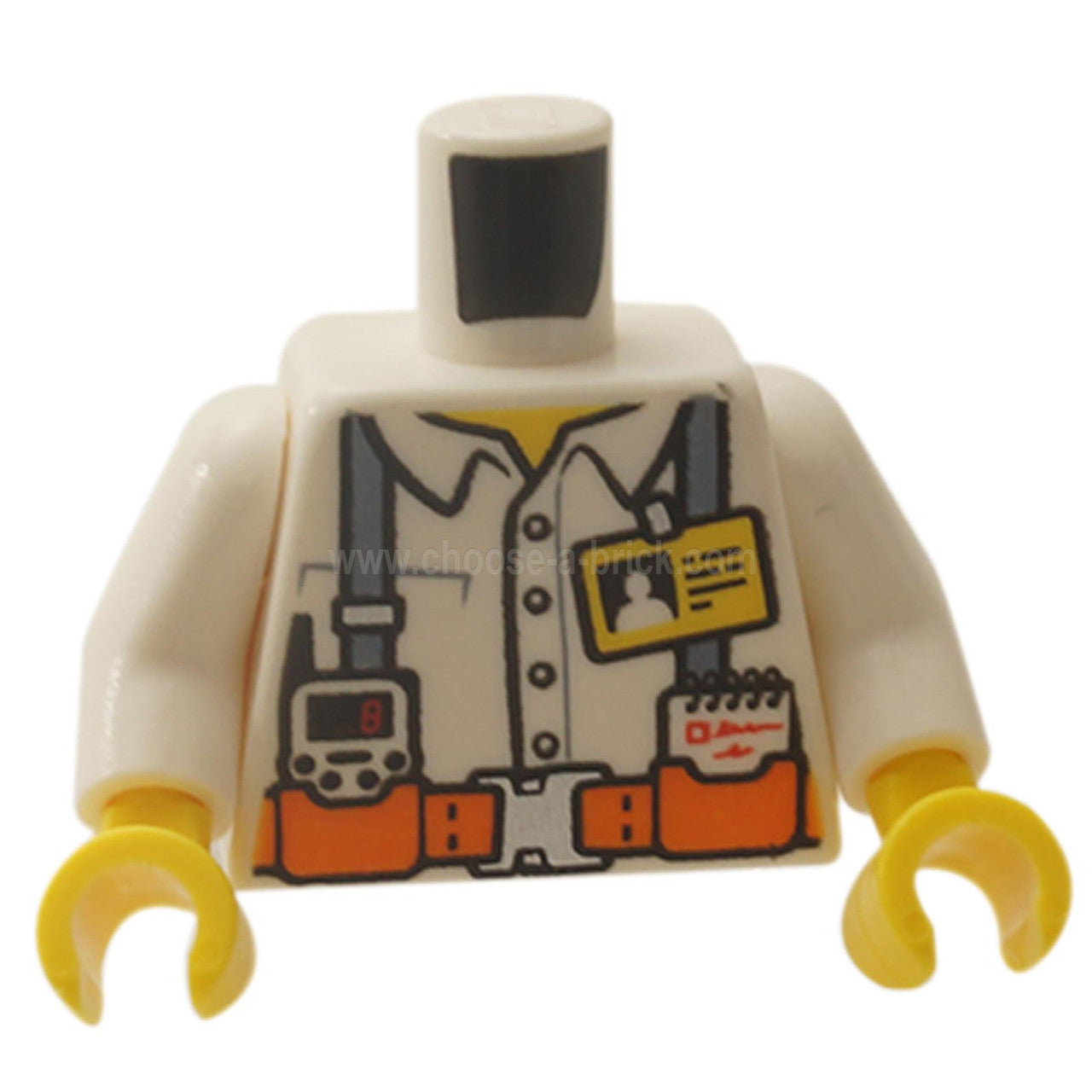 White Torso Town Miners White Shirt with Dark Gray Suspender Straps Pattern with Radio, Notebook and ID Badge - White Arms - Yellow Hands