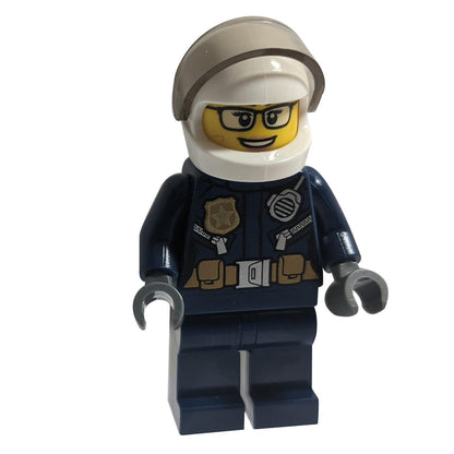 Police - City Motorcyclist Female, Leather Jacket with Gold Badge and Utility Belt, White Helmet, Trans-Black Visor, Glasses, and Open Mouth Smile