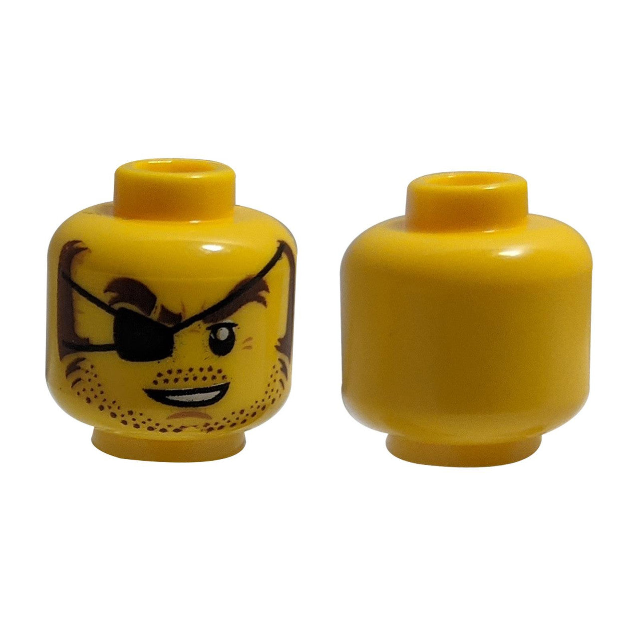  Yellow LEGO® minifigure head with a black eyepatch, brown eyebrows, sideburns, stubble, and an open white mouth.