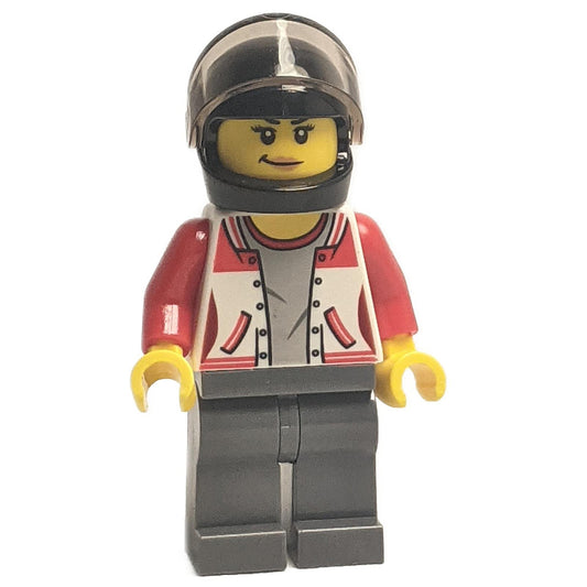 LEGO Minifigure ATV Driver - Female, Jacket with Number 8 on Back, Dark Bluish Gray Legs, Black Helmet - cty0729