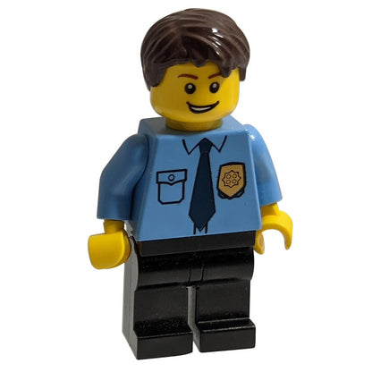 Police - City Shirt with Dark Blue Tie and Gold Badge, Black Legs, Dark Brown Short Tousled Hair