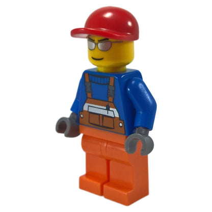 LEGO Minifigure Construction Worker in orange overalls and a red cap, bold and vibrant design - cty0294