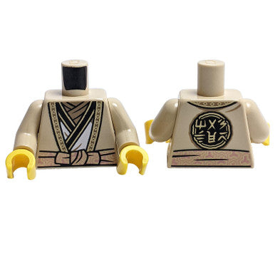 Torso Robe mit goldenen Säumen, weiße Tunika, dunkelbrauner Schal, Kupfergürtel, Ninjago-Logogramm 'MEISTER' auf B 