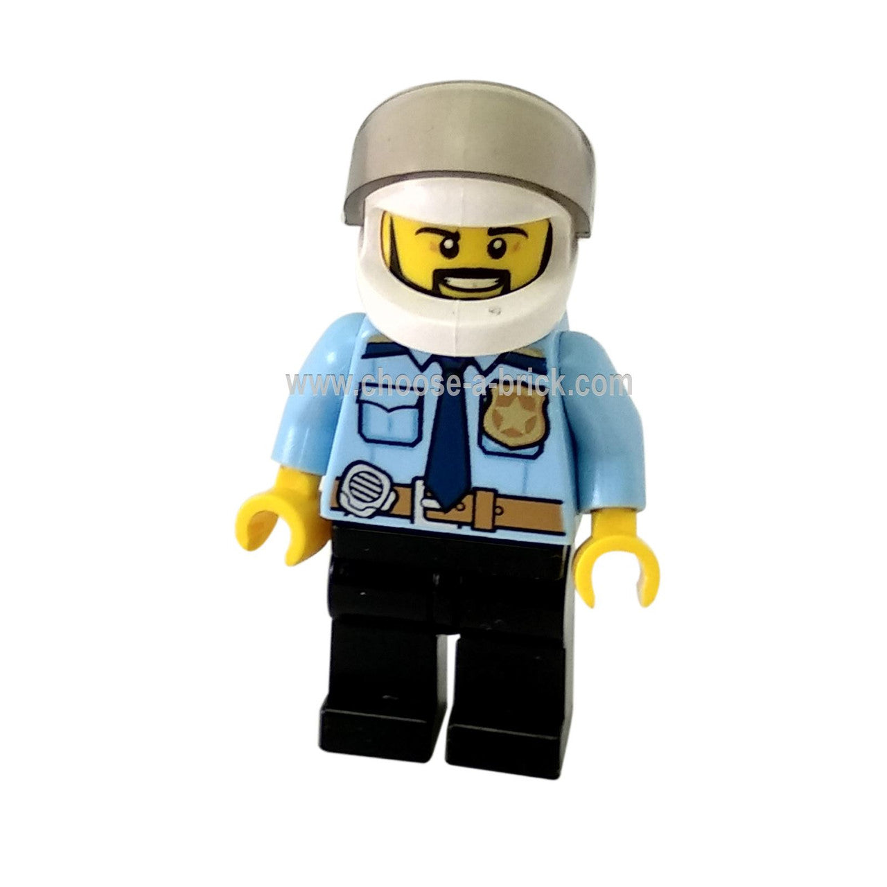 Police - City Officer Shirt with Dark Blue Tie and Gold Badge, Dark Tan Belt with Radio, Dark Blue Legs, White Helmet, Black Beard - LEGO Minifigure City