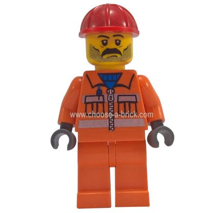 LEGO Minifigure Construction Worker with orange zipper jacket, moustache, stubble, and red helmet - cty0010