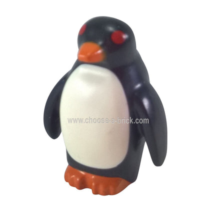 black-penguin-with-flippers-and-stud-on-back-with-orange-beak-and-feet-white-belly-and-red-eyes-pattern