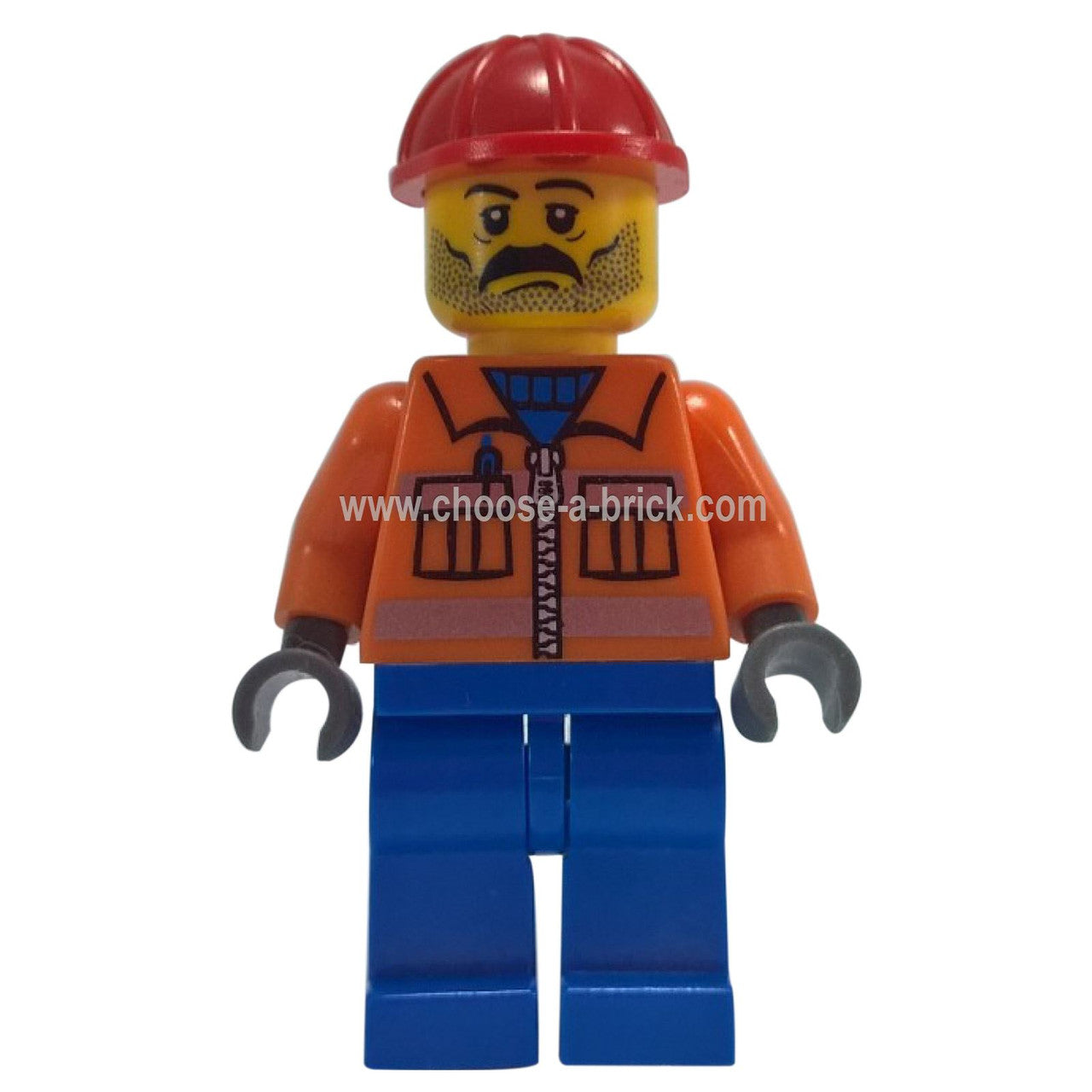 LEGO Minifigure Construction Worker with orange zipper jacket, stubble, blue legs, and red helmet - cty0016