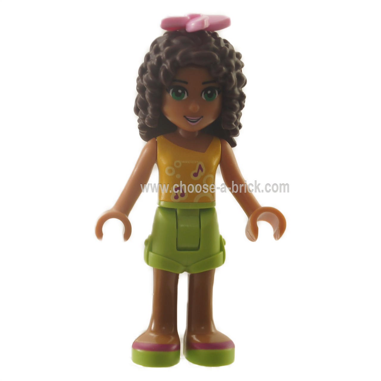 LEGO Minifigure Andrea, Lime Shorts, Bright Light Orange Top - Front View.