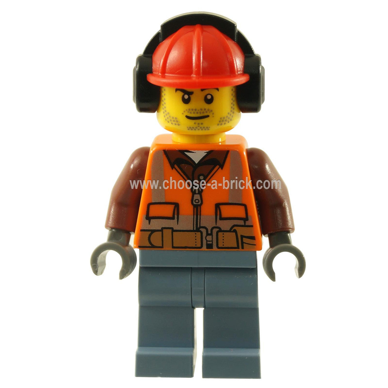 LEGO Minifigure Construction Worker with orange zipper jacket, blue legs, and red construction helmet - cty0955new