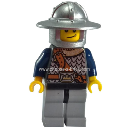 LEGO Minifigure Fantasy Era - Crown Knight Scale Mail with Chest Strap, Helmet with Broad Brim, Crooked Smile - cas406, first view.