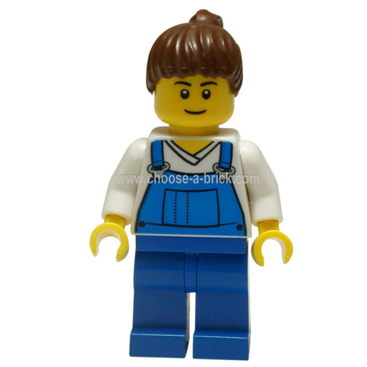 LEGO MInifigure - Farm Hand, Female, Overalls Blue over V-Neck Shirt, Thin Smile