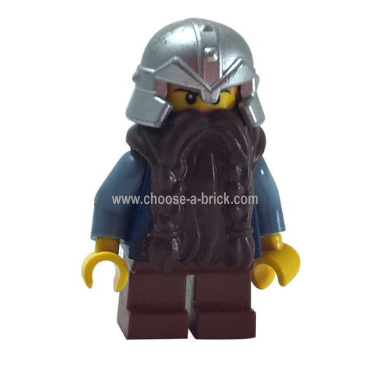 LEGO Minifigure Fantasy Era - Dwarf, Dark Brown Beard, Metallic Silver Helmet with Studded Bands, Sand Blue Arms - cas393, first view.