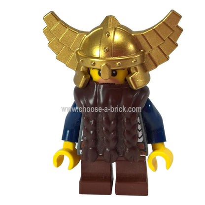 LEGO Minifigure Fantasy Era - Dwarf, Dark Brown Beard, Metallic Gold Helmet with Wings, Dark Blue Arms - cas405, first view.