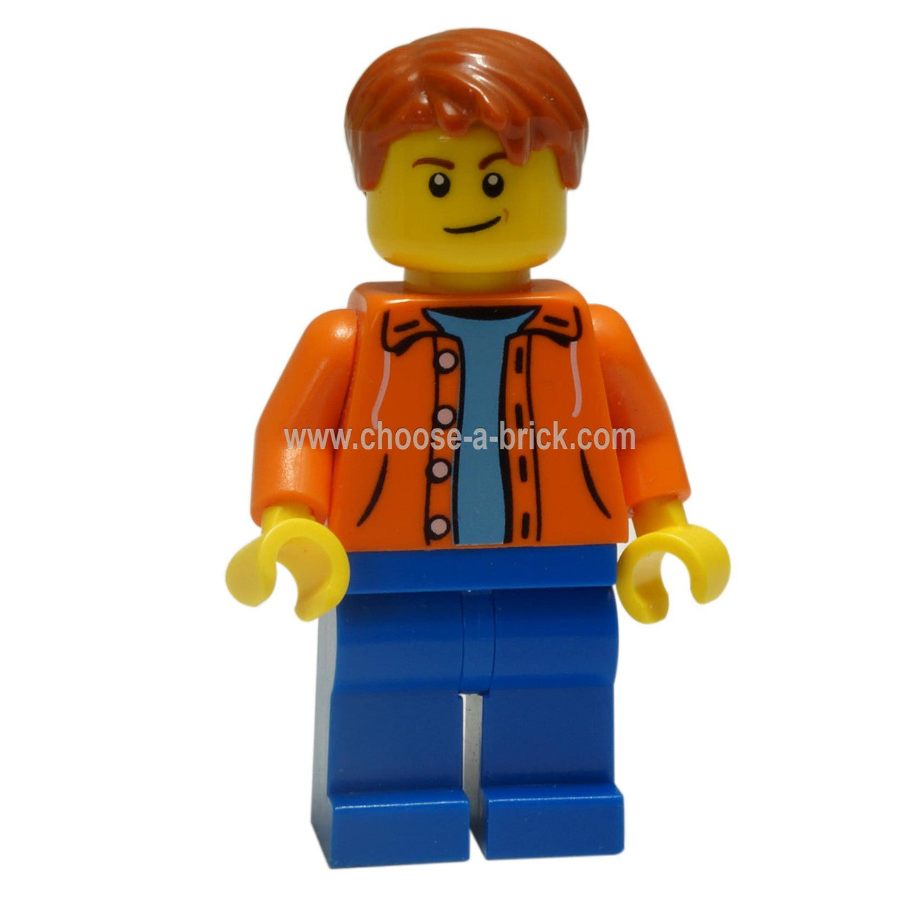 LEGO MInifigure - Orange Jacket with Hood over Light Blue Sweater, Blue Legs, Dark Orange Short Tousled Hair, Crooked Smile with Brown Dimple