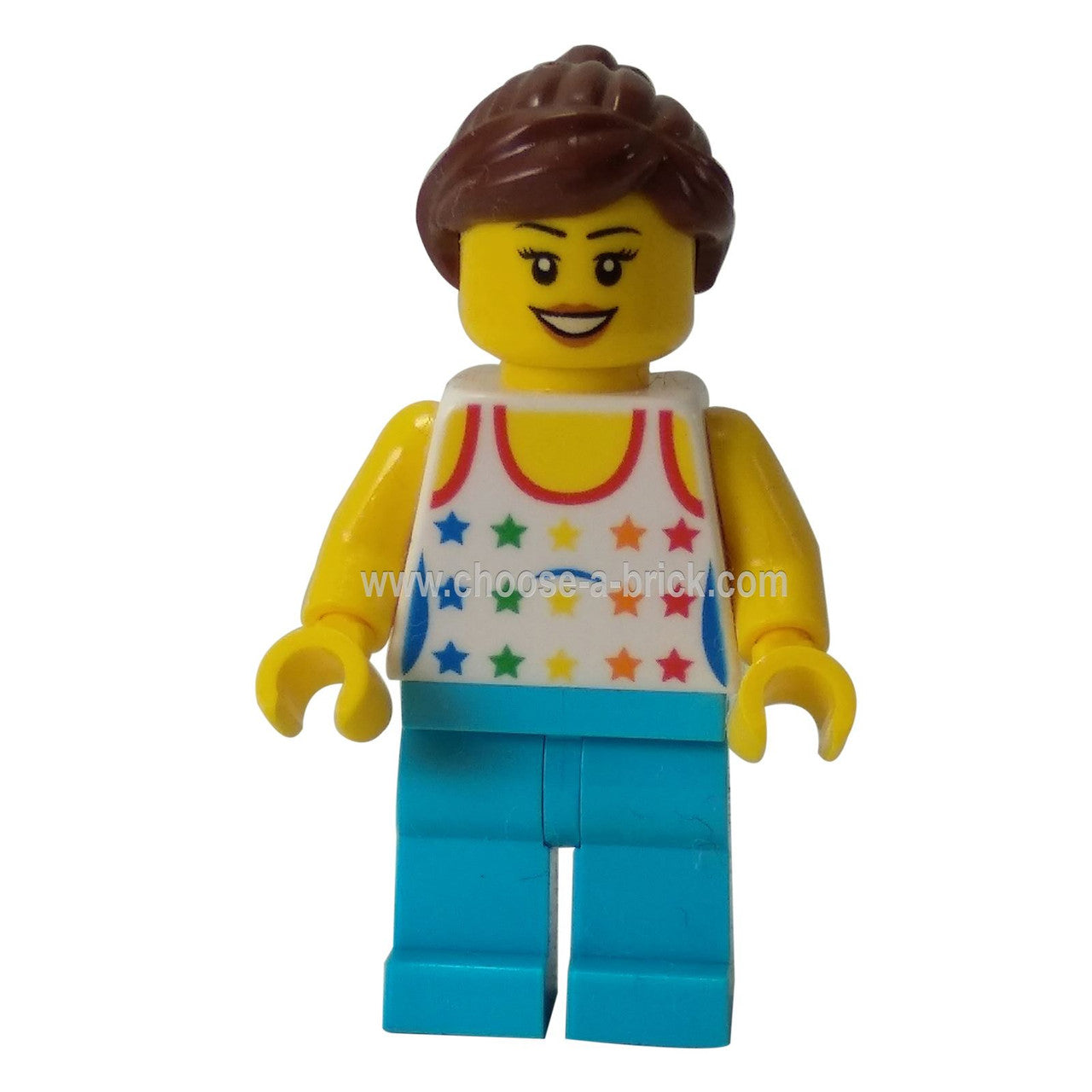 LEGO Minifigure Shirt with Female Rainbow Stars Pattern, Medium Azure Legs, Reddish Brown Ponytail Hair - First View.