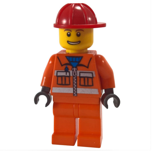 LEGO Minifigure Construction Worker with orange zipper jacket, eyebrows, thin grin with teeth, and red helmet - cty0034