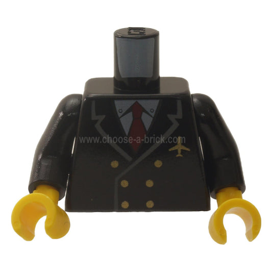 Black Torso Airplane Pilot, Suit Double Breasted, Red Tie, Gold Buttons and Logo Pin Pattern - Black Arms - Yellow Hands