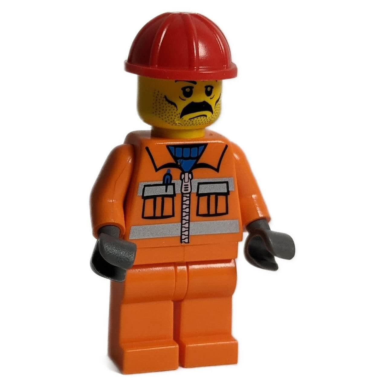 LEGO Minifigure Construction Worker with orange zipper jacket, orange legs, and red helmet, featuring moustache and stubble - cty0010new