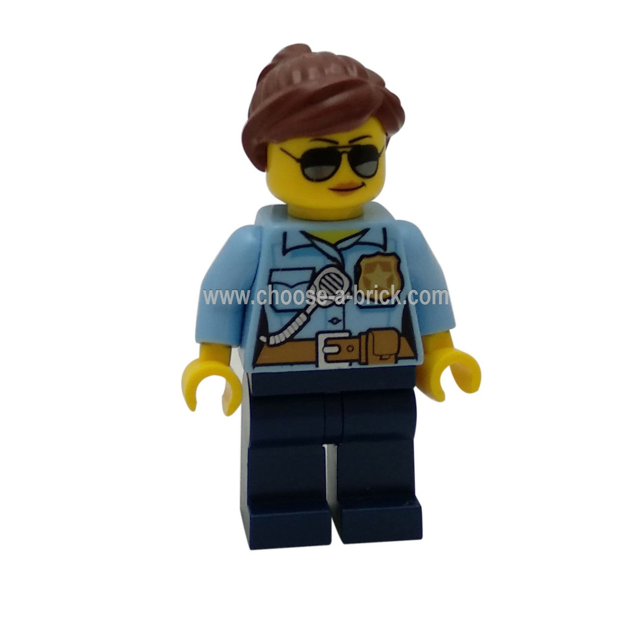 Police - City Officer Female, Bright Light Blue Shirt with Badge and Radio, Dark Blue Legs, Reddish Brown Ponytail and Swept Sideways Fringe - LEGO Minifigure City