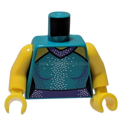 Dark Turquoise Torso Female Outline Dress, Yellow Shoulders, Dark Purple Collar and Belt, Silver and Dark Purple Dots Pattern - Yellow Arms - Yellow Hands