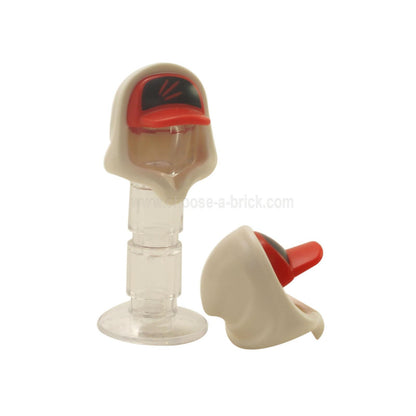 Red Minifigure, Headgear Cap - Short Curved Bill and White Hood with 3 Streaks on Black Background Pattern