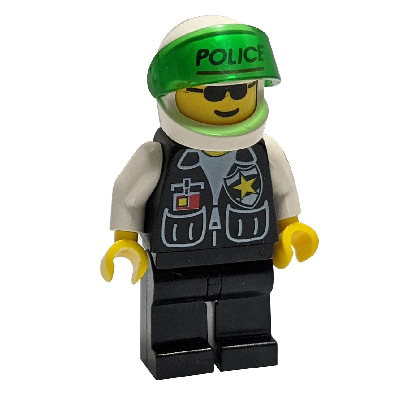 Police - Sheriff Star and 2 Pockets, Black Legs, White Arms, White Helmet with Police Pattern, Trans-Green Visor