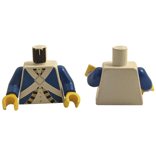 Torso des imperialen Soldaten mit blauer Uniformjacke und schwarzem sowie goldenem Besatz über einem Hemd mit Knöpfen, Kreuzgurte mit silbernem Diamantverschlussmuster (Blaurock) 