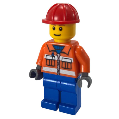 LEGO Minifigure Construction Worker in bright orange with reflective safety stripes and helmet - cty0105