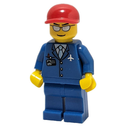 LEGO Minifigure Airport Worker - Blue 3 Button Jacket & Tie, Red Cap - Front View.