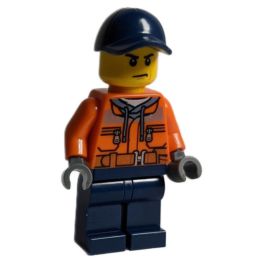 LEGO Minifigure Male Construction Worker with orange safety jacket, sand blue hoodie, and dark blue legs - cty0641new