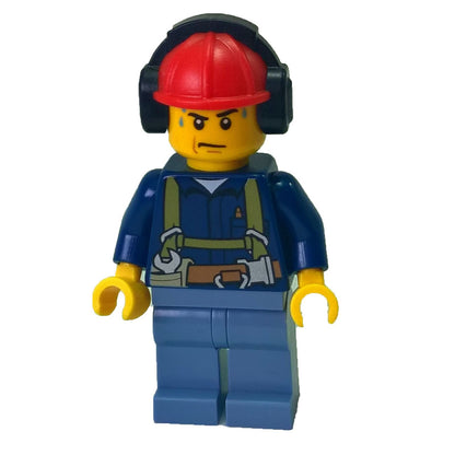 LEGO Minifigure Construction Worker wearing a shirt with harness and wrench, sand blue legs, red helmet with headphones, and sweat drops - cty0541new